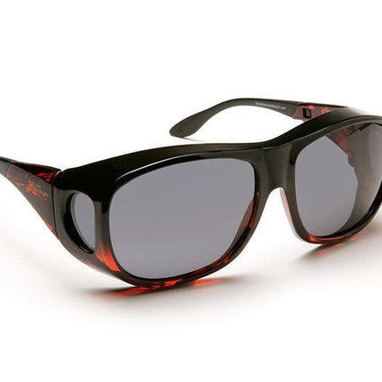 Solar Shield Filters for low vision - stylish sunglasses with gray lenses and bold black frames.