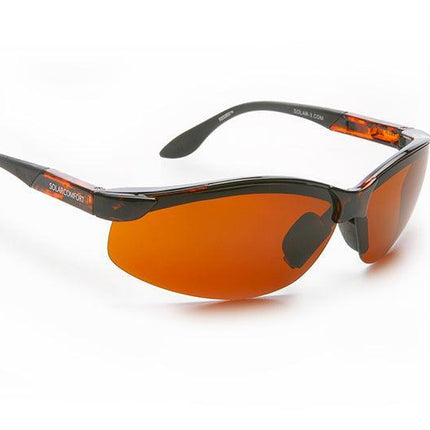 SolarComfort polarized amber sunglasses in a stylish wrap-around design for better glare reduction.