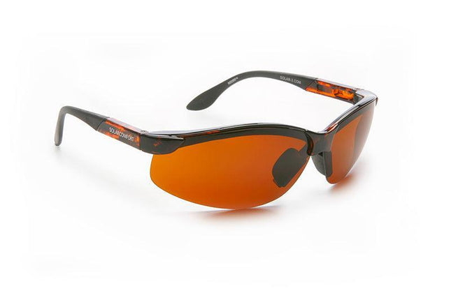 SolarComfort polarized amber sunglasses in a stylish wrap-around design for better glare reduction.