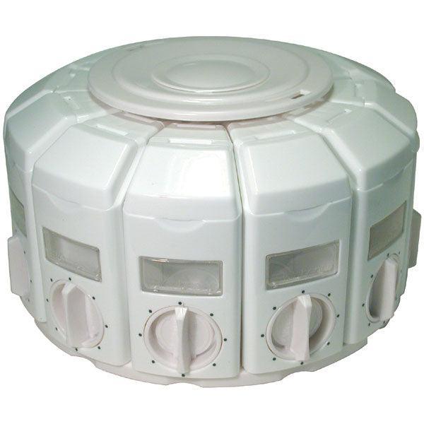 Spice auto measure dispenser featuring a white, circular design with multiple compartments for spice storage.