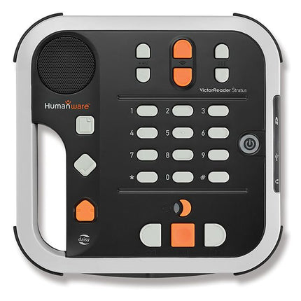 Victor Reader Stratus12 M device with tactile buttons and speaker, perfect for reading DAISY and MP3 files.