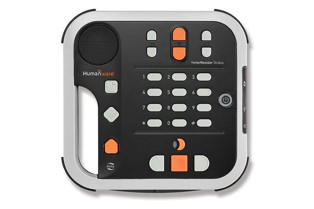 Victor Reader Stratus12 M device with tactile buttons and speaker, perfect for reading DAISY and MP3 files.