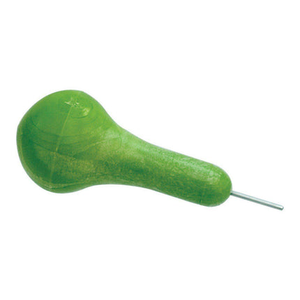 Green braille stylus with a comfortable round handle and tapered metal tip for writing.