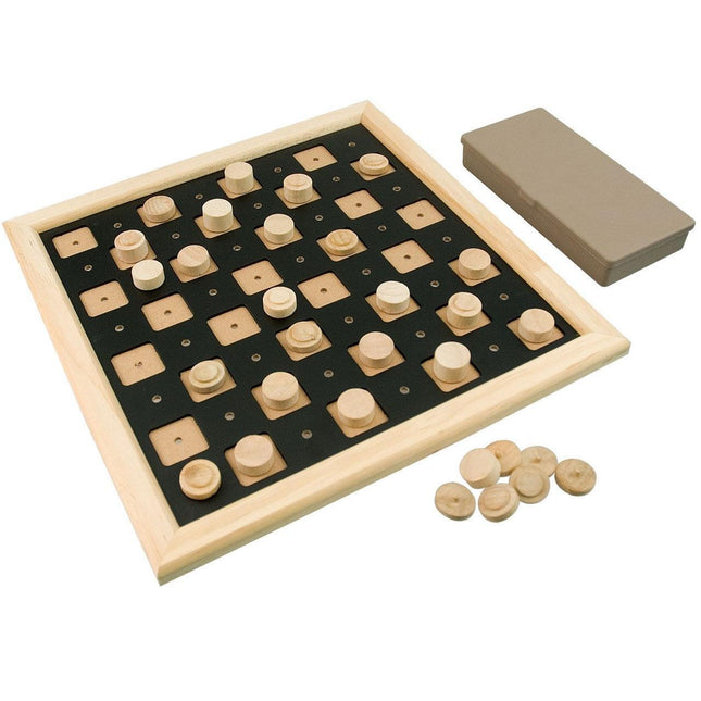 Tactile Checkers Set featuring tactile checkers for blind and sighted players on a wooden board with peg holes.