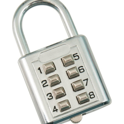 Tactile Push-button padlock with tactile numbers for touch reading and durable metal construction.