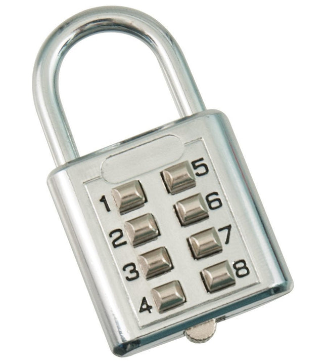 Tactile Push-button padlock with tactile numbers for touch reading and durable metal construction.