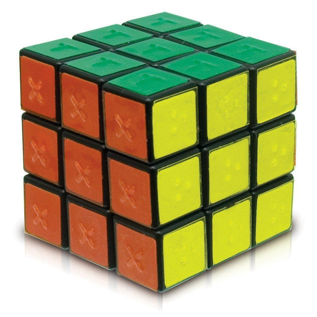 Tactile puzzle cube for blind with tactile markings, 2.25-inch cube design for enhanced accessibility.