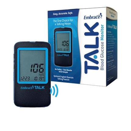 Talking Blood Glucose Monitoring System with LCD display and voice guidance features in English and Spanish.