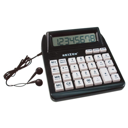Talking calculator for the visually impaired with headphones and large LCD display.
