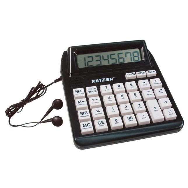 Talking calculator for the visually impaired with headphones and large LCD display.