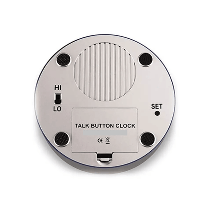 Back view of a talking clock with time and date announcement feature showing audio settings and buttons.