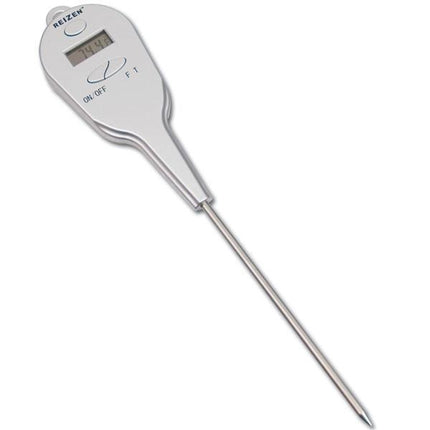 Talking digital cooking thermometer displaying temperature with a sleek design and a metal probe.
