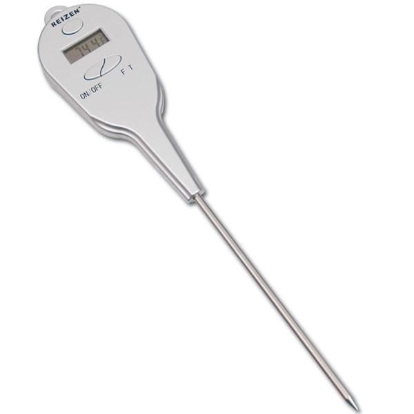 Talking digital cooking thermometer displaying temperature with a sleek design and a metal probe.