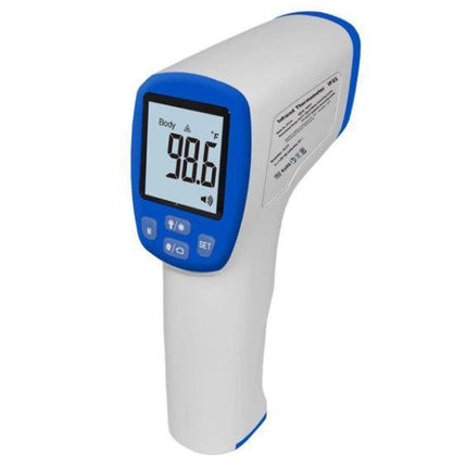 Talking infrared non-contact thermometer displaying temperature reading of 98.6°F for quick and safe use.
