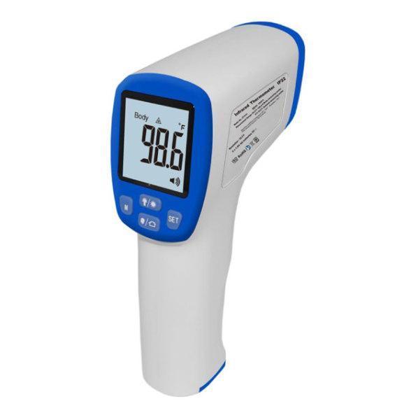 Talking infrared non-contact thermometer displaying temperature reading of 98.6°F for quick and safe use.