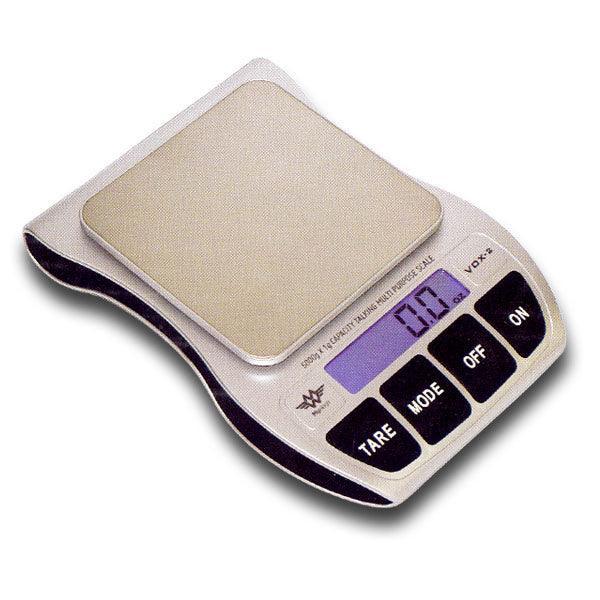 Talking kitchen scale with large backlit LCD display and easy-touch keys.