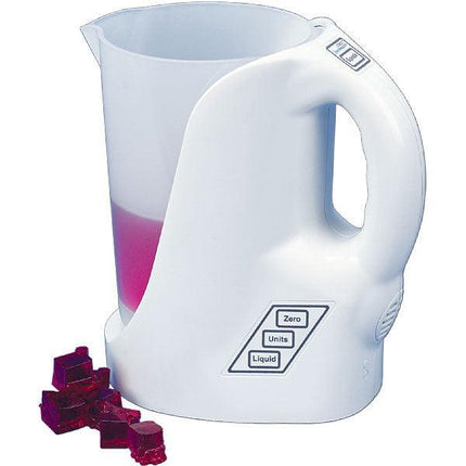Talking liquid measuring jug with a durable design for easy liquid measurement in ounces, pints, or liters.