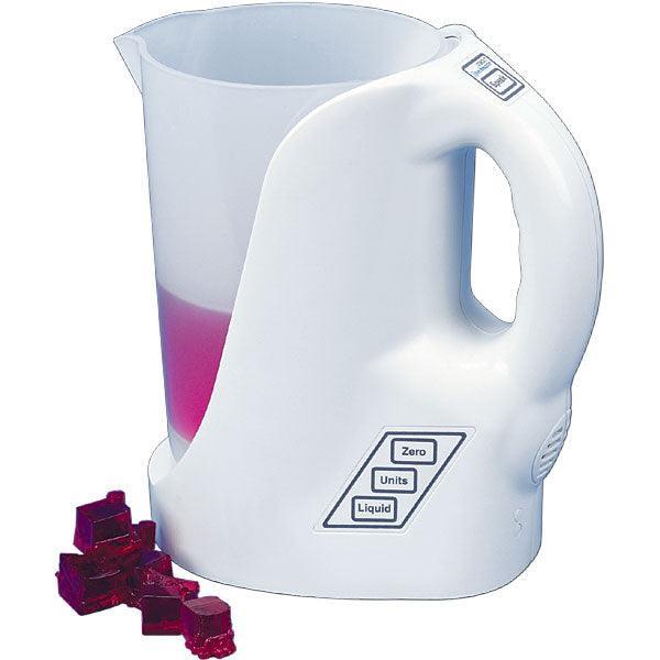 Talking liquid measuring jug with a durable design for easy liquid measurement in ounces, pints, or liters.