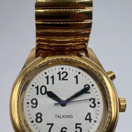 Talking men's watch low vision aid with gold expansion band and clear dial for time announcements.