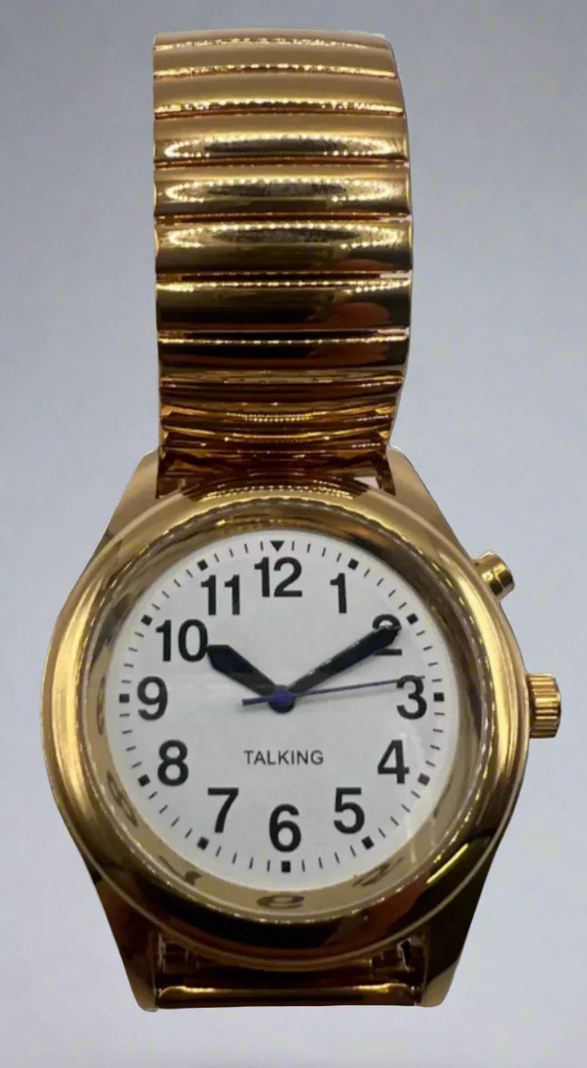 Talking men's watch low vision aid with gold expansion band and clear dial for time announcements.