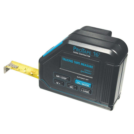 Talking tape measure for low vision with yellow tape and easy-to-read buttons, measuring up to 16 feet.