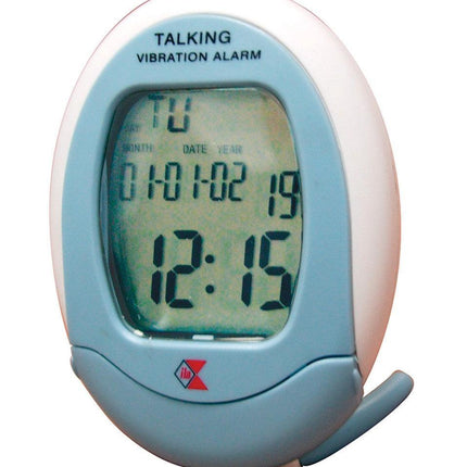 Talking travel alarm clock with a digital display showing time, date, and talking functionality.