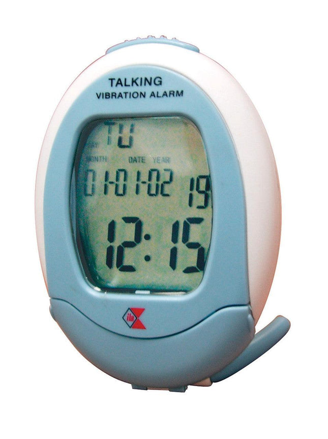 Talking travel alarm clock with a digital display showing time, date, and talking functionality.