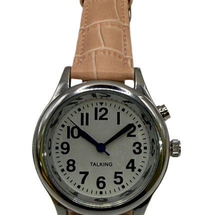 Talking women's watch for low vision with pink leather band and clear dial for enhanced visibility.