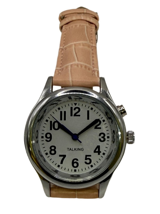 Talking women's watch for low vision with pink leather band and clear dial for enhanced visibility.