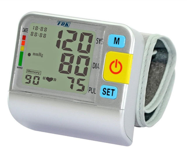 Talking wrist cuff blood pressure monitor with large display and easy-to-use buttons.