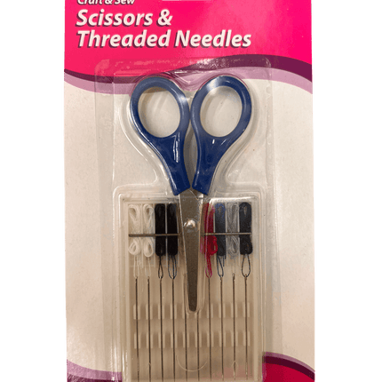 Threaded needles with scissors set featuring 10 pre-threaded needles and folding scissors, ideal for crafts and sewing.