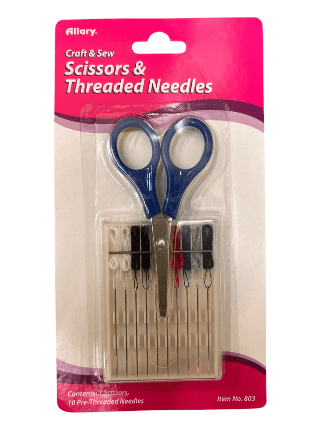 Threaded needles with scissors set featuring 10 pre-threaded needles and folding scissors, ideal for crafts and sewing.