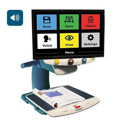 TOPAZ 24" HD video magnifier with text to speech showing user interface with menu options.