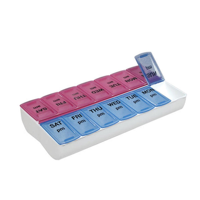 Twice-A-Day Weekly Pill Organizer with extra large compartments for AM and PM medication, measures 9" by 4.5".