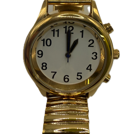 Two Button Talking Women's Watch Gold with large black numbers and stylish band, perfect for easy readability and comfort.