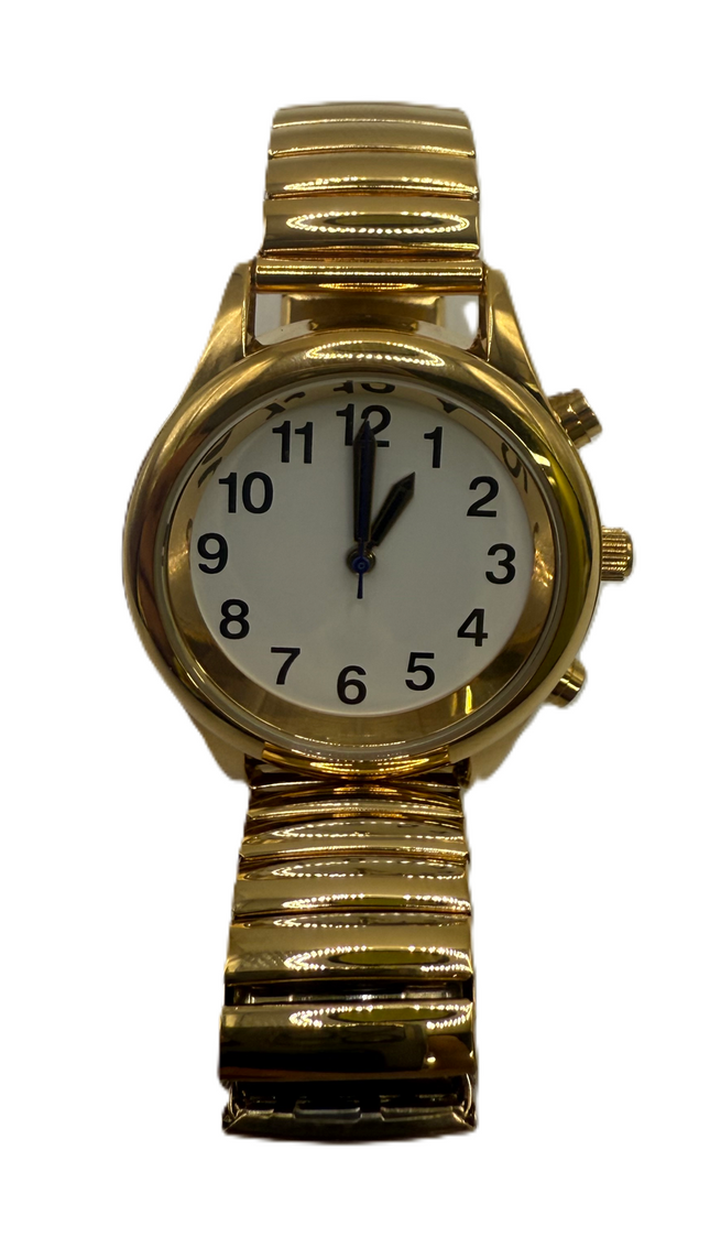 Two Button Talking Women's Watch Gold with large black numbers and stylish band, perfect for easy readability and comfort.