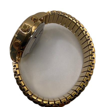 Side view of a two button talking women's watch gold with a stylish gold-tone case and flexible band.