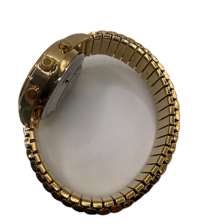 Side view of a two button talking women's watch gold with a stylish gold-tone case and flexible band.