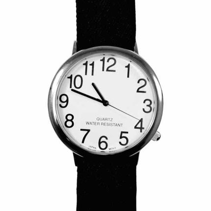 Unisex Low Vision 2 inch Watch with white face, bold black numbers, and fabric stretch band.