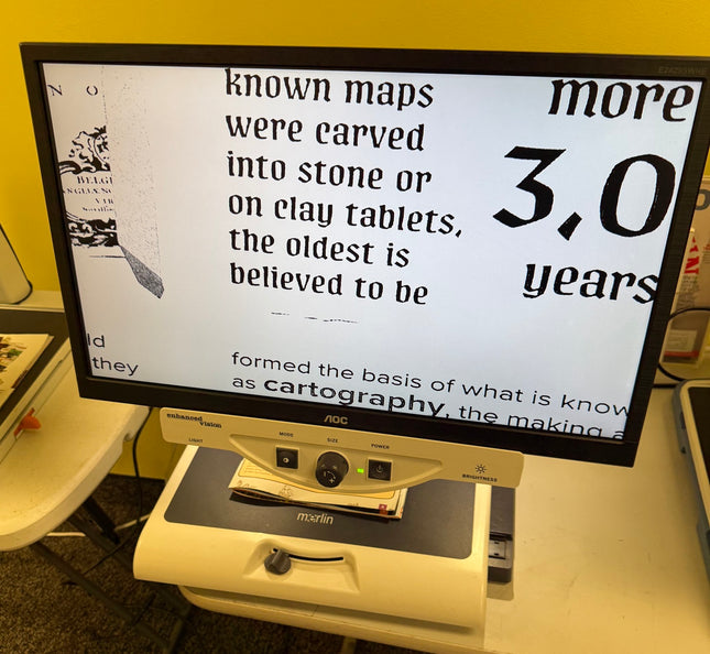 Used Merlin 24" Video Magnifier displaying text for easy reading with low vision.