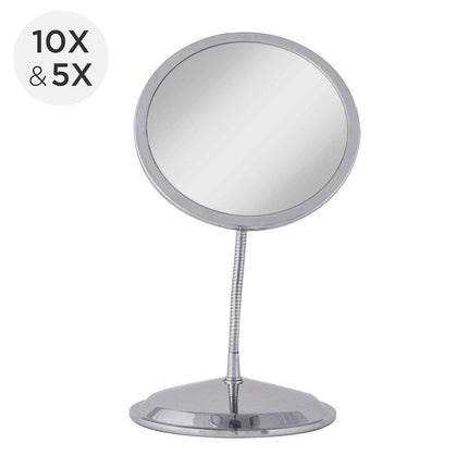 Vanity and wall mount mirror 10x & 5x with flexible gooseneck for optimal positioning.