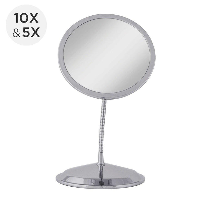 Vanity and wall mount mirror 10x & 5x with flexible gooseneck for optimal positioning.