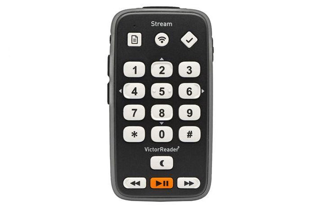 Victor Reader Stream, handheld digital audio player for blind with tactile buttons for easy navigation.