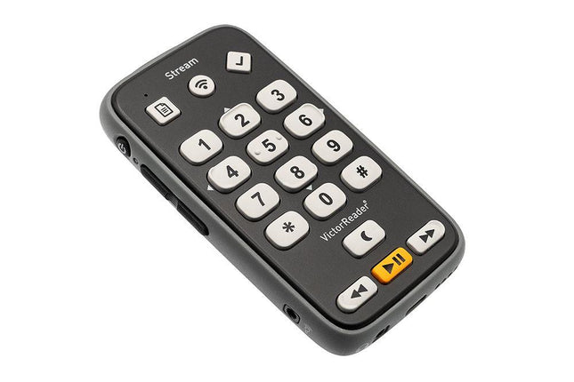 Victor Reader Stream 3, a handheld digital audio player for blind, featuring tactile buttons for easy navigation.