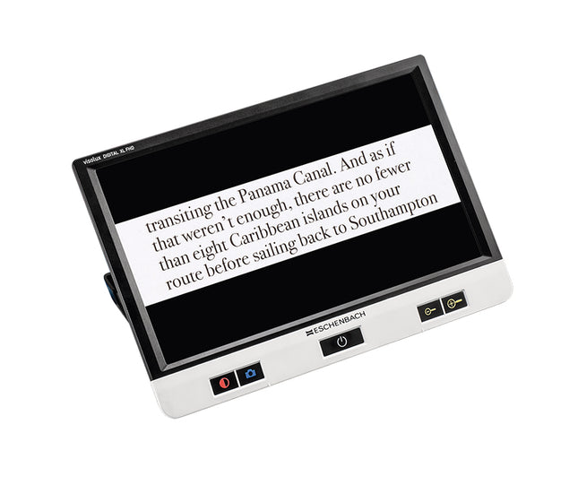 Visolux Digital XL FHD 12 inch touchscreen video magnifier displaying text for easy reading.