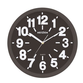 Low vision wall clock with large 1 1/2 inch numerals on a black face and white hands, 14 inches in diameter.