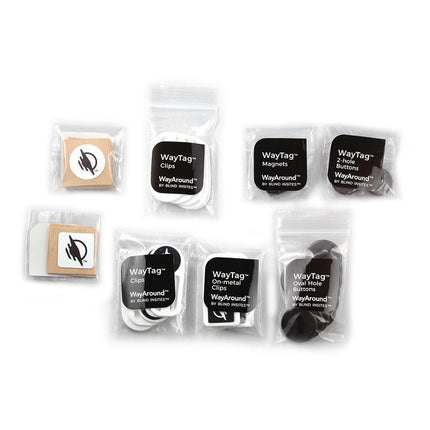 Way Around Starter Pack with assorted WayTag products including WayClips, magnets, and buttons.