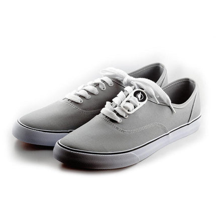 Gray canvas shoes with white laces and rubber sole, perfect for casual wear.