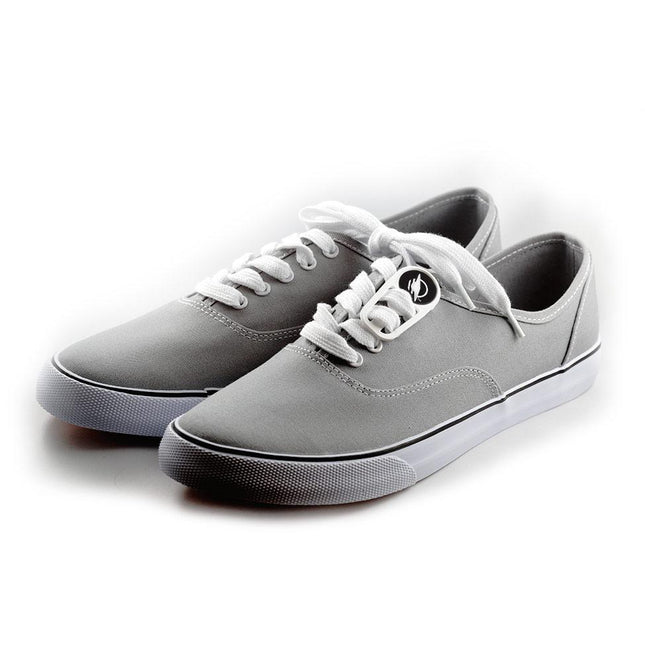 Gray canvas shoes with white laces and rubber sole, perfect for casual wear.