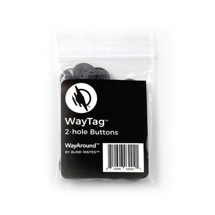 WayAround laundry tagging kit featuring WayTag 2-hole buttons in packaging.